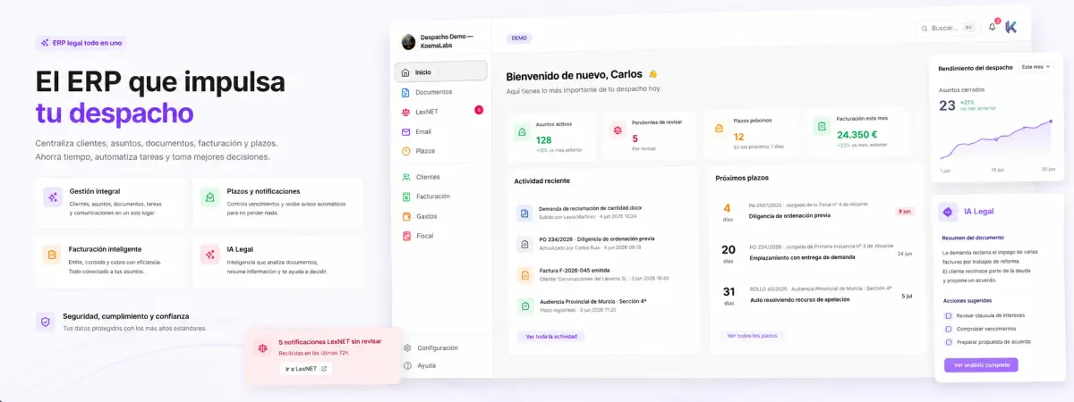 ERP legal KosmaLabs para despachos de abogados con dashboard de asuntos, plazos, facturación e IA Legal