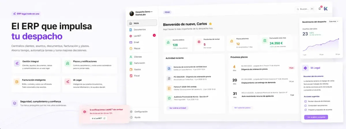 ERP legal KosmaLabs para despachos de abogados con dashboard de asuntos, plazos, facturación e IA Legal