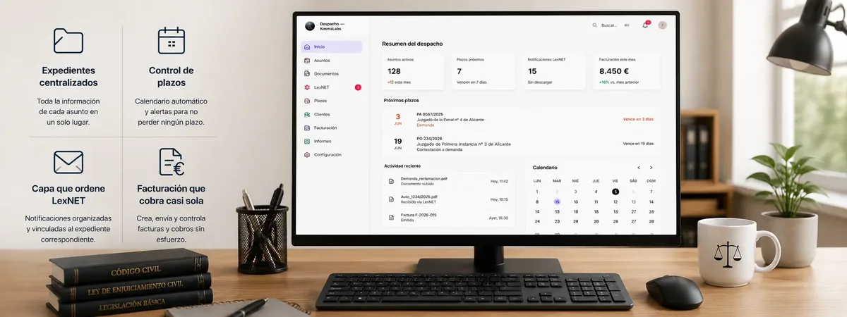 Kosmalabs Jurídico: expedientes, plazos con calendario, LexNET y facturación automática