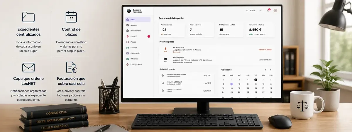 Kosmalabs Jurídico: expedientes, plazos con calendario, LexNET y facturación automática