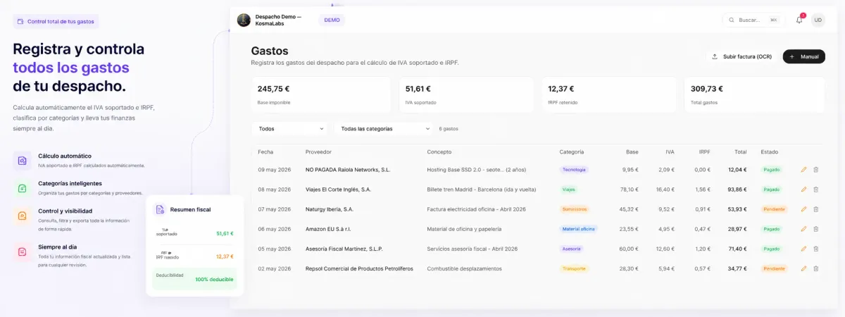 Control de gastos del despacho en KosmaLabs con categorías inteligentes, proveedores y resumen fiscal