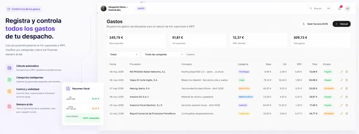 Control de gastos del despacho en KosmaLabs con categorías inteligentes, proveedores y resumen fiscal