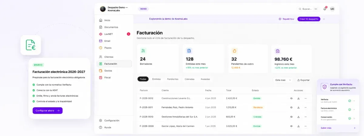 Panel de facturación electrónica en KosmaLabs con métricas de facturas emitidas, pendientes y volumen total