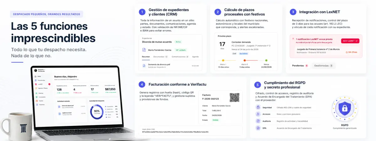 Funciones clave de un software jurídico: expedientes, plazos con festivos locales, LexNET, Verifactu y RGPD