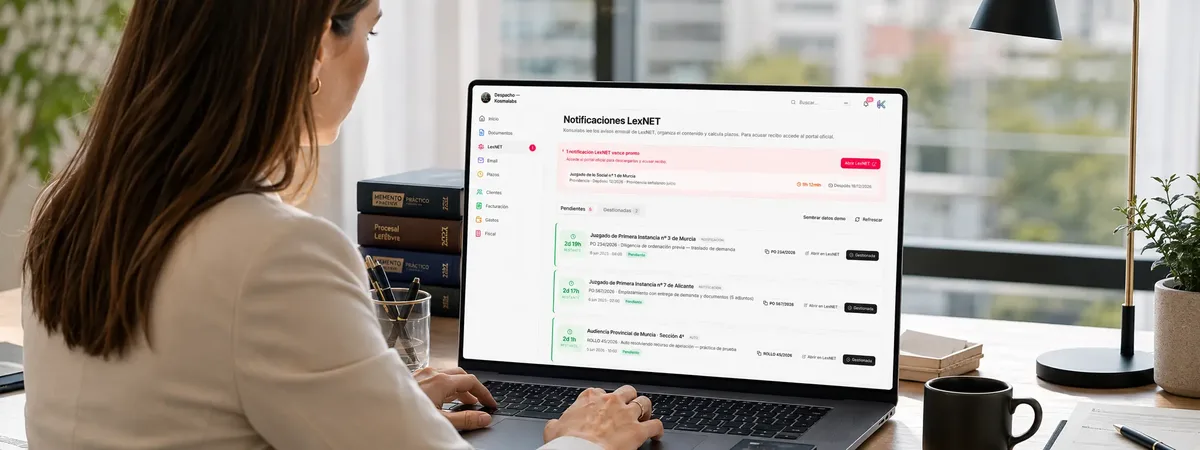Notificaciones de LexNET en Kosmalabs Jurídico con contador del plazo de acceso de 3 días hábiles