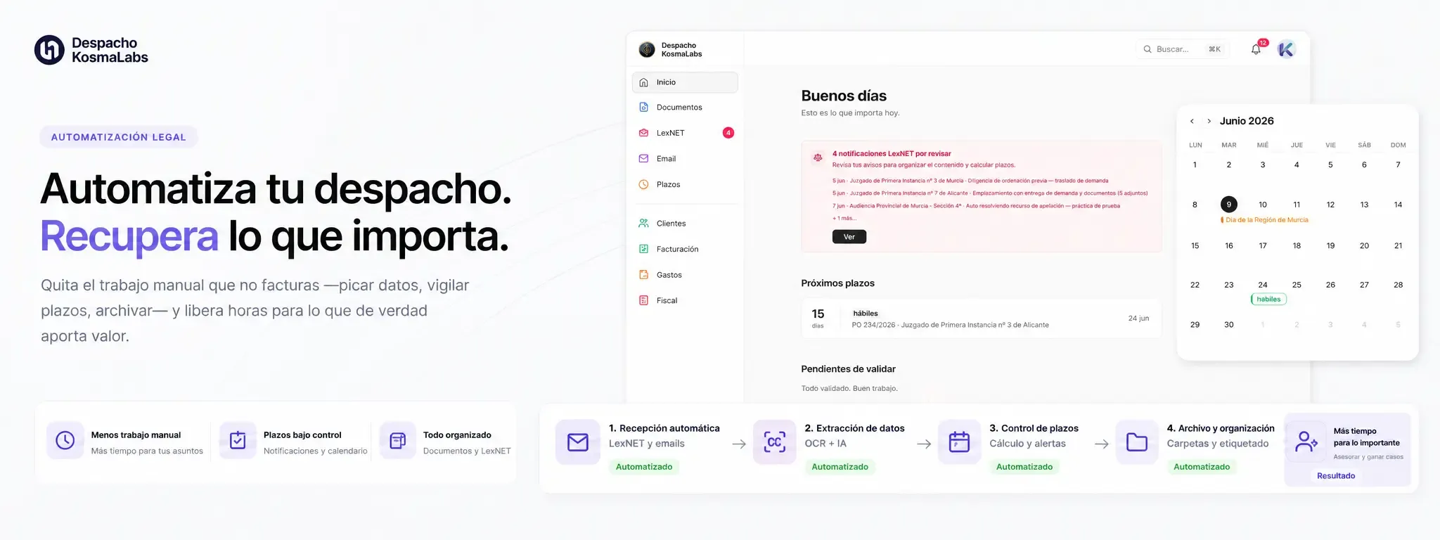 Dashboard de Kosmalabs Jurídico con notificaciones LexNET, plazos procesales y calendario de junio 2026