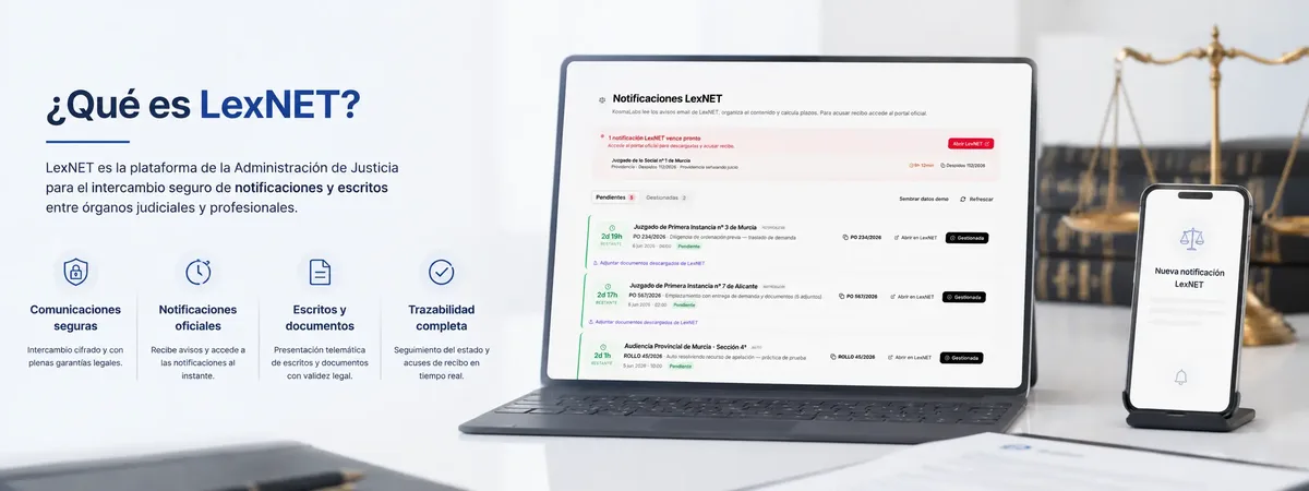 Panel de notificaciones de LexNET en Kosmalabs Jurídico con avisos pendientes y contador del plazo de 3 días