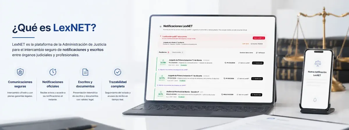 Panel de notificaciones de LexNET en Kosmalabs Jurídico con avisos pendientes y contador del plazo de 3 días