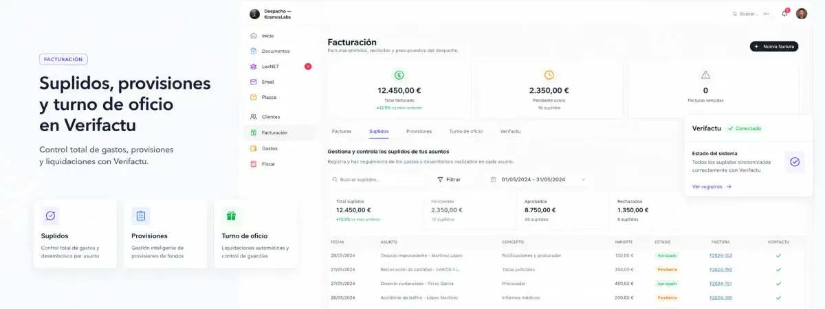 Panel de suplidos, provisiones y turno de oficio en el módulo Verifactu de Kosmalabs con estado sincronizado