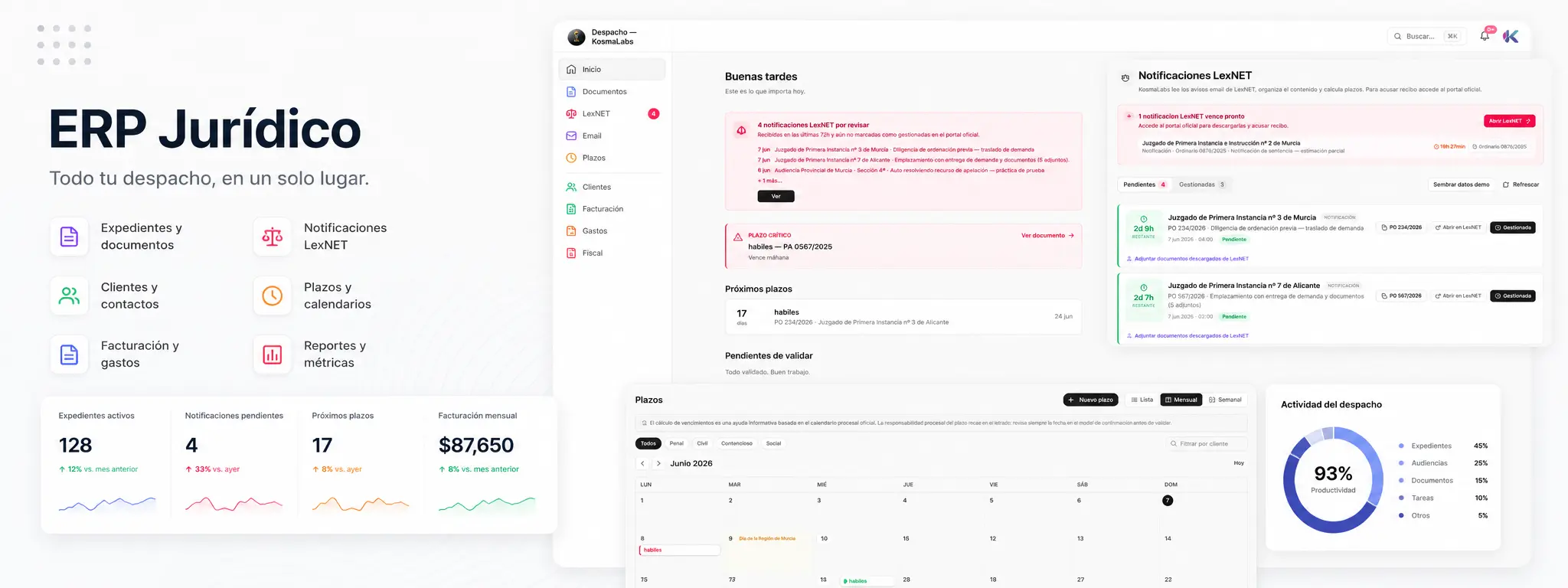 Software Kosmalabs Jurídico para despachos: expedientes, plazos, LexNET y facturación en una vista