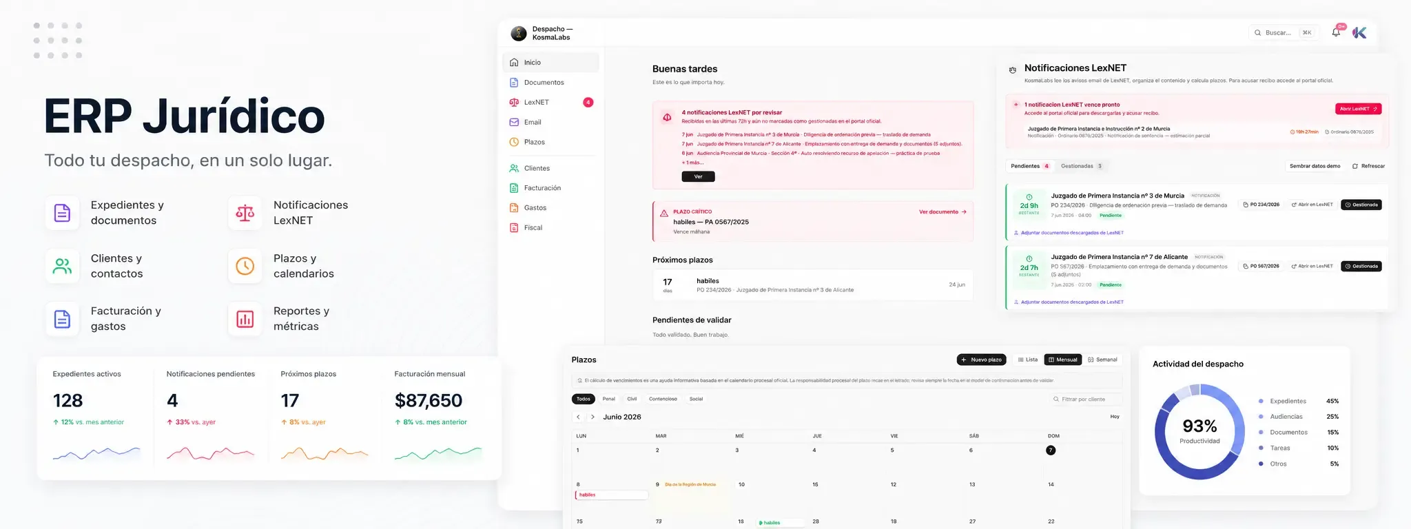 Software Kosmalabs Jurídico para despachos: expedientes, plazos, LexNET y facturación en una vista