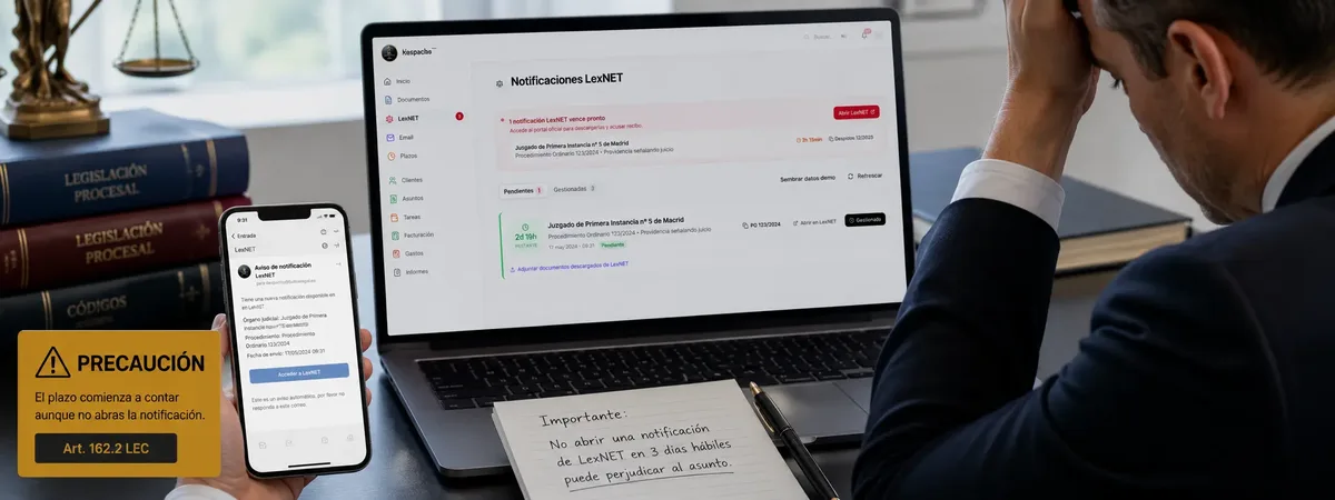 Aviso de notificación de LexNET en el móvil con alerta del art. 162.2 LEC y contador de 3 días
