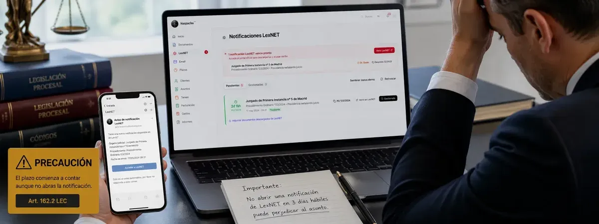 Aviso de notificación de LexNET en el móvil con alerta del art. 162.2 LEC y contador de 3 días