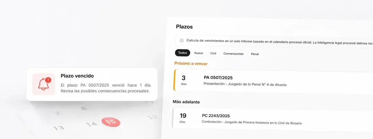 Alerta de plazo procesal vencido en Kosmalabs Jurídico con próximos vencimientos por juzgado