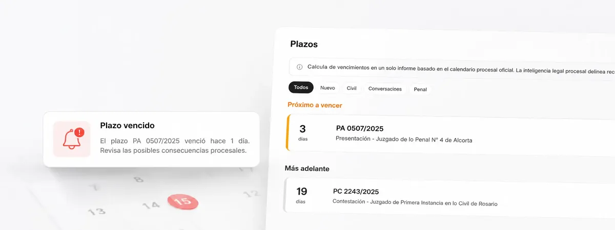Alerta de plazo procesal vencido en Norbia Legal con próximos vencimientos por juzgado