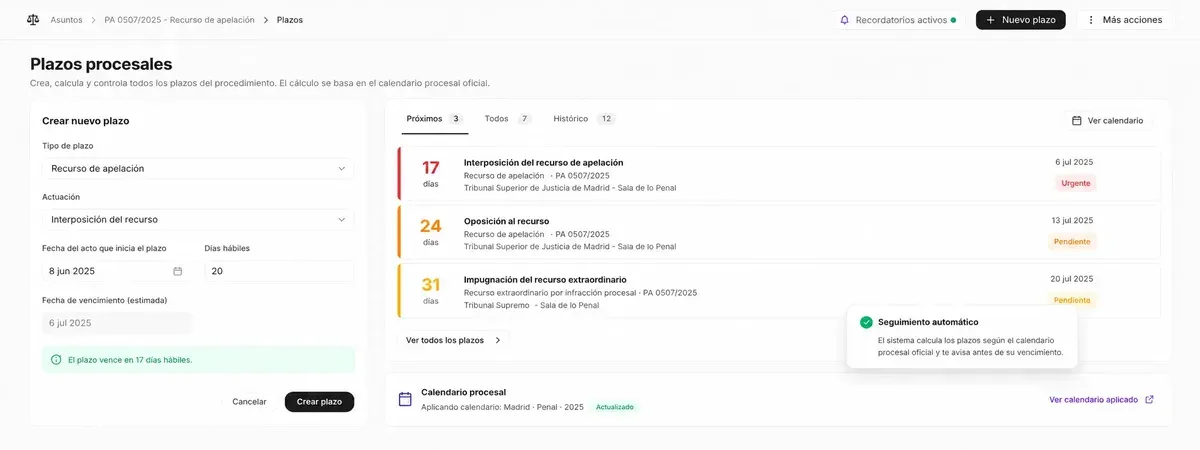 Seguimiento de plazos procesales con cálculo automático de vencimientos y alertas escalonadas