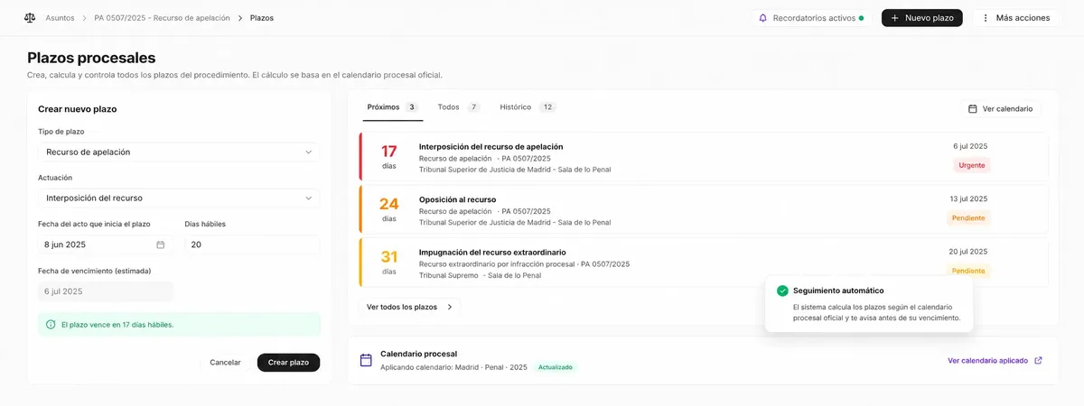 Seguimiento de plazos procesales con cálculo automático de vencimientos y alertas escalonadas