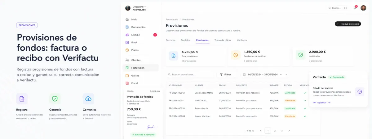 Gestión de provisiones de fondos con factura, recibo y estado de envío a Verifactu en Kosmalabs