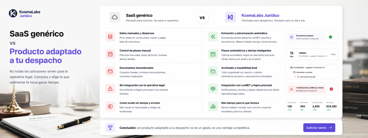Comparativa SaaS genérico frente a Kosmalabs Jurídico: datos, plazos, trazabilidad y coste