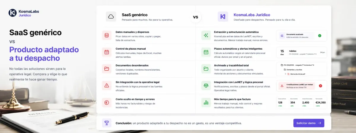 Comparativa SaaS genérico frente a Kosmalabs Jurídico: datos, plazos, trazabilidad y coste