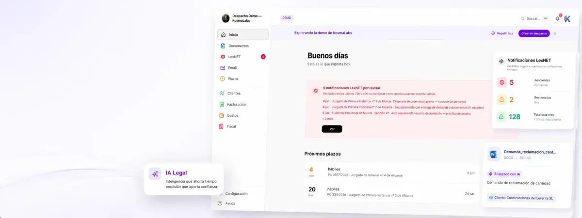 Software de gestión para abogados KosmaLabs con notificaciones LexNET, plazos procesales e IA Legal