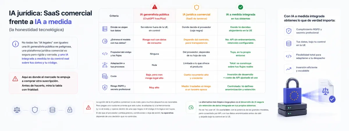 Comparativa IA pública vs SaaS jurídico vs IA a medida: datos, control, coste y riesgo RGPD