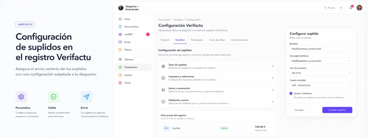 Configuración de tipos de suplidos y envío a Verifactu en el panel de facturación de Kosmalabs