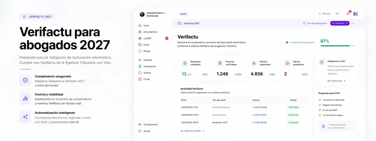 Dashboard Kosmalabs Verifactu 2027 con métricas de cumplimiento, facturas verificables y actividad de envíos
