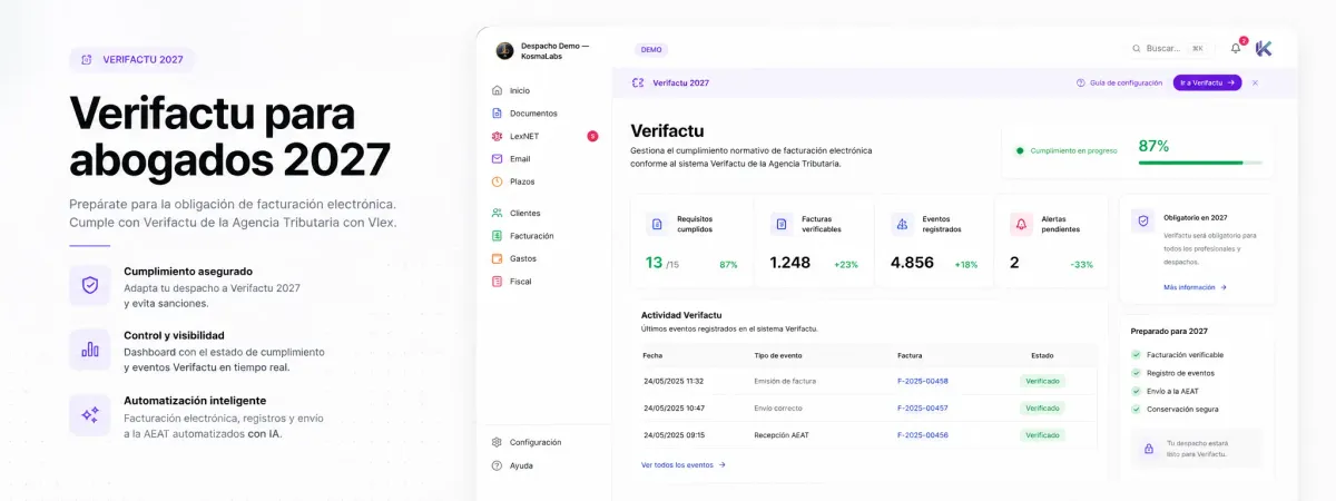 Dashboard Kosmalabs Verifactu 2027 con métricas de cumplimiento, facturas verificables y actividad de envíos
